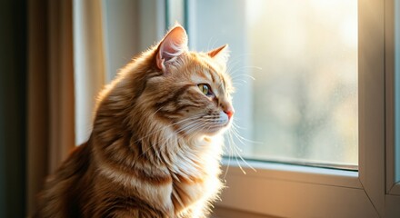 Pet cat sitting by a window with warm sunlight streaming in