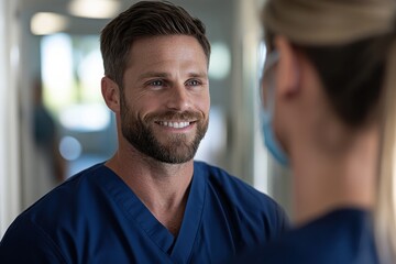 Fototapeta premium A focused healthcare professional engages in a meaningful conversation with a patient, highlighting compassion and professionalism in medical care.