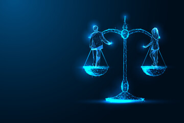 Gender equality concept with glowing digital scale balancing man and woman on dark blue background. 