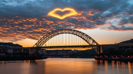 Naklejka premium A beautiful bridge illuminated by the warm golden hour light, arching gracefully over a river, with a soft heart-shaped cloud floating in the sky, creating a romantic and serene atmosphere