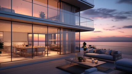 Fototapeta premium modern luxury apartment exterior with large glass windows reflecting a serene sunset in a tranquil urban setting