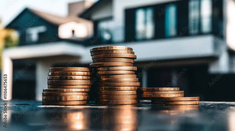 Poster close-up of neatly stacked coins on a surface with a contemporary house in the background, highlight