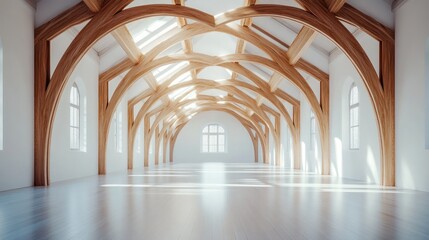 Fototapeta premium A large, empty room with white walls and a wooden vaulted ceiling. Sunlight streams through the windows, illuminating the wooden floor.