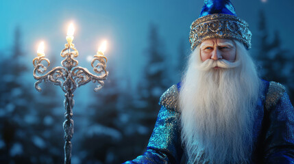 Embrace the winter magic with Ded Moroz, also known as Grandfather Frost, the Slavic Santa Claus. Dressed in a traditional blue coat and hat, he holds an iced staff in a snowy forest on a starlit nigh