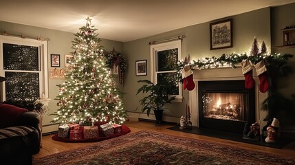 Cozy Christmas Living Room with Tree, Stockings, and Fireplace