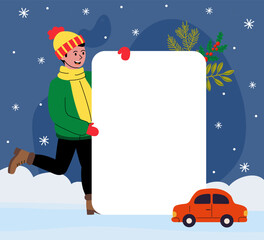 Naklejka premium Cheerful person holding a blank sign in a snowy winter landscape with a car