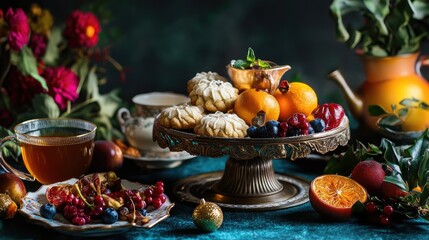 Elegant Display of Cookies and Fruits on Decorative Cake Stand