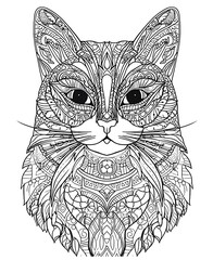 Intricate Mandala Cat Line Art for Coloring and Relaxation