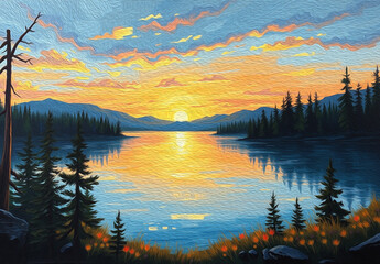 Obraz premium Landscape by the lake. Sunset . Pattern for printing on wall decorations, fabrics, and for use in graphics.
