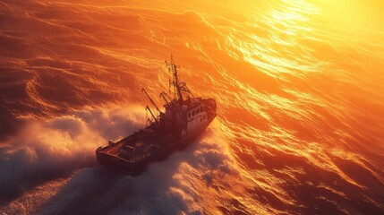 Fototapeta premium Dramatic Sunrise Over a Tugboat Navigating Rough Ocean Waves
