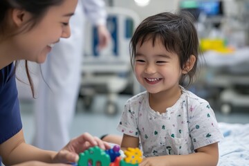 A delighted child plays with toys in a hospital setting, illustrating the positive impact of engaging activities on children's emotional health during medical treatments.
