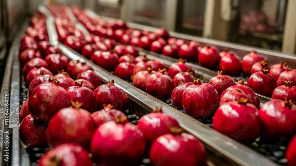 Aufkleber rows of vibrant red pomegranates are moving along a conveyor belt in a juice production facility as 