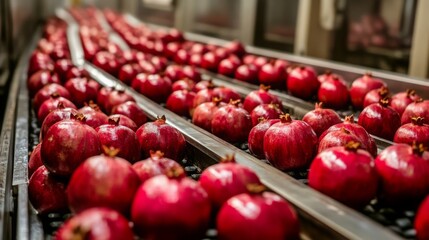 Rows of vibrant red pomegranates are moving along a conveyor belt in a juice production facility as they undergo sorting and preparation for extraction. The setting is bright and busy.