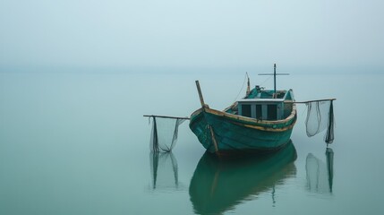Fototapeta premium Tranquil Fishing Boat Anchored on Misty Water at Dawn
