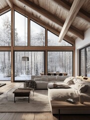 Modern Cabin Living Room Winter Forest View