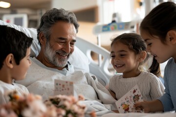 A beautiful moment as grandchildren and their grandfather laugh and engage in a hospital room, exchanging drawings and love, highlighting familial connections and affection.