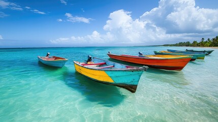 Naklejka premium Colorful Fishing Boats on a Calm Tropical Ocean Under Blue Sky