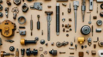 Obraz premium Collection of Vintage Tools and Mechanical Parts on Fabric Background