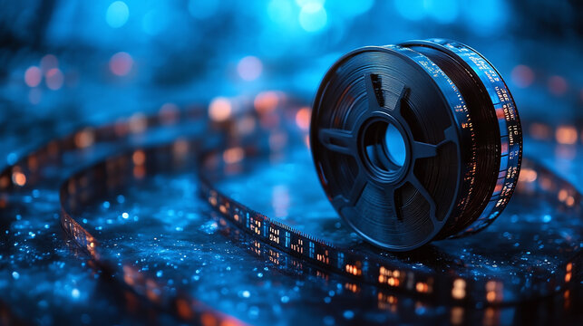 Digital blue and black film strip background. cinematography and entertainment industry movie banner or poster with camera reel, production media frame, roll tape in motion, flyer, advertising.