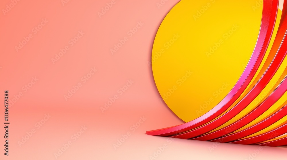 Poster abstract geometric composition with vibrant red and yellow curves against a soft pink background cre