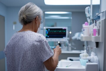 An elderly woman in a hospital gown manages healthcare supplies, reflecting the dedication of patients and their involvement in their own health care routines.