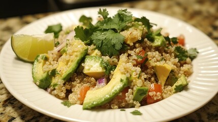 Fresh Quinoa Salad with Avocado, Tomato, and Cilantro Garnish