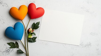 Colorful Heart-Shaped Decorations with Green Leaves and Blank Card on a Textured Background for Romantic or Creative Concepts