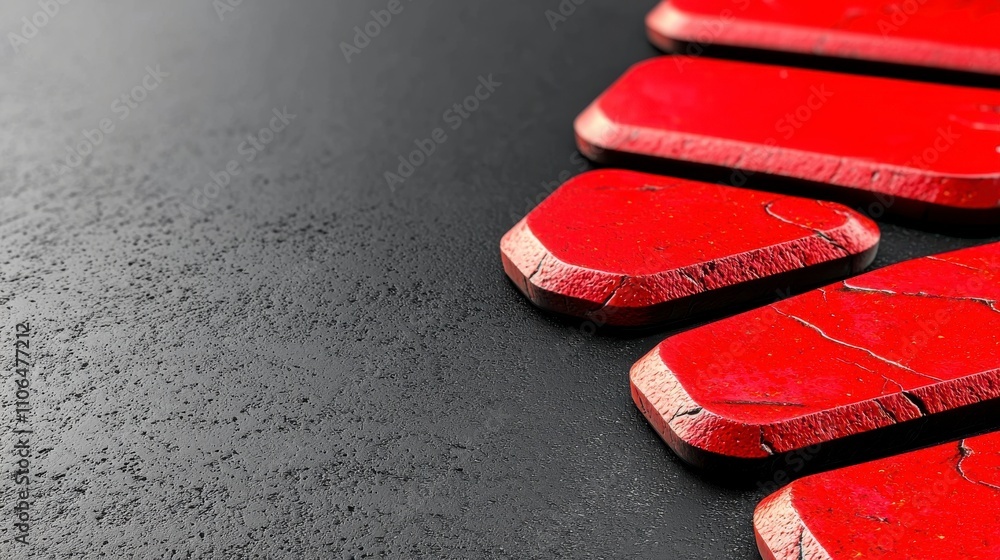 Poster red geometric shapes with textured edges on a dark surface highlighting modern design and contrastin