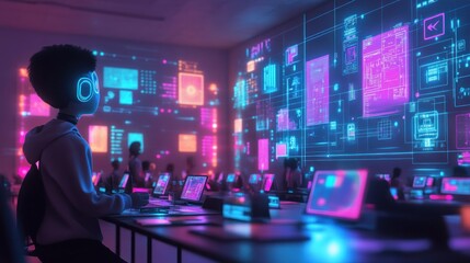 A young man wearing headphones sits at a desk in a futuristic classroom with a holographic projection of data and information on the wall.