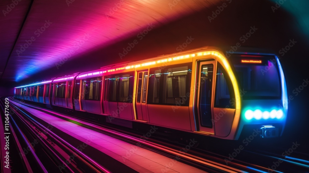 Poster a sleek electric train moves through a subway tunnel, glowing with dynamic colors along its exterior