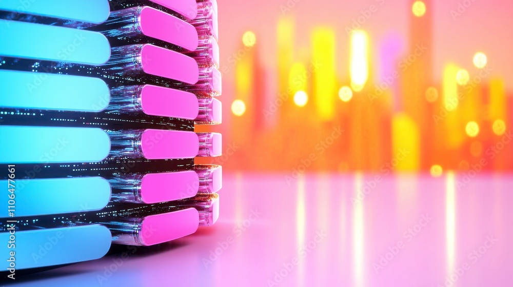 Poster abstract futuristic data center concept with colorful neon lights and blurred city skyline in the ba