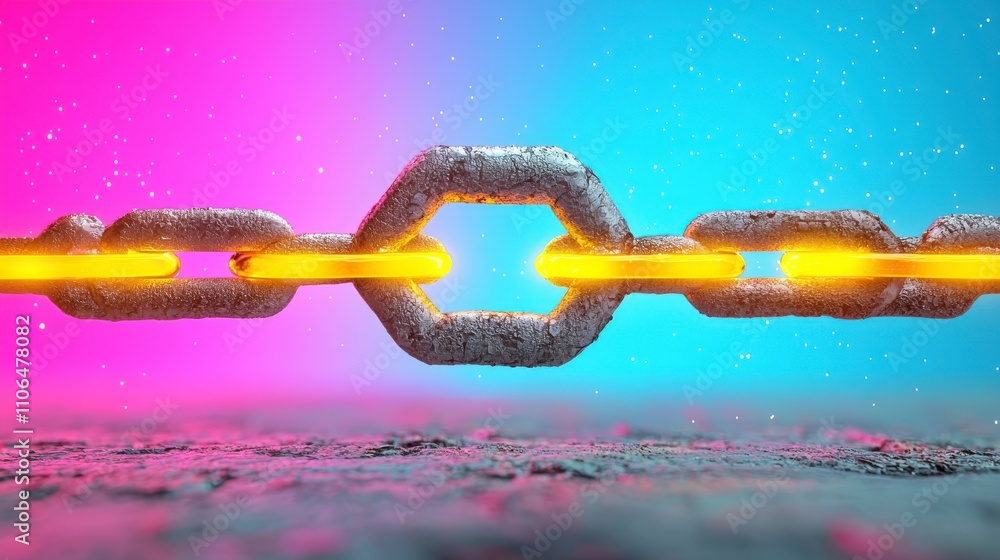 Poster a glowing metallic chain against a vibrant background of pink and blue with space elements, symboliz