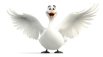 Obraz premium A full-body cartoon illustration of a graceful swan with a white background, showcasing its elegant posture and smooth feathers in a playful and charming style, perfect for animal lovers and whimsical