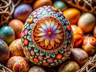 Aerial View of the Inside of an Unusual Egg with Vibrant Colors and Intricate Patterns, Showcasing Nature's Fascinating Designs in a Unique Perspective