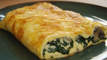 Savory Omelette Filled with Spinach and Mushrooms on Plate