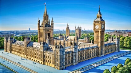 Obraz premium Aerial View of the Iconic Outline Drawing of the Houses of Parliament in the UK Capturing Architectural Grandeur and Historical Significance from Above