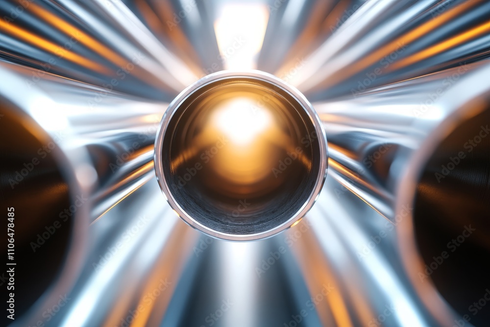 Poster abstract close-up of metallic pipes with radiant light focused at the center, creating a dynamic and