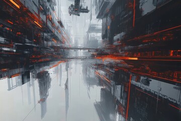 Abstract Digital Urban Landscape with Futuristic Elements Featuring Dark Shades and Bright Orange Highlights Creating a Captivating Visual Experience