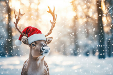 Cute reindeer in a christmas hat set against the forest background with snowflakes