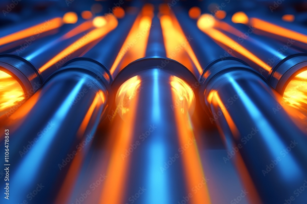 Poster abstract view of glowing pipeline structures with neon orange lighting and smooth metallic surface f