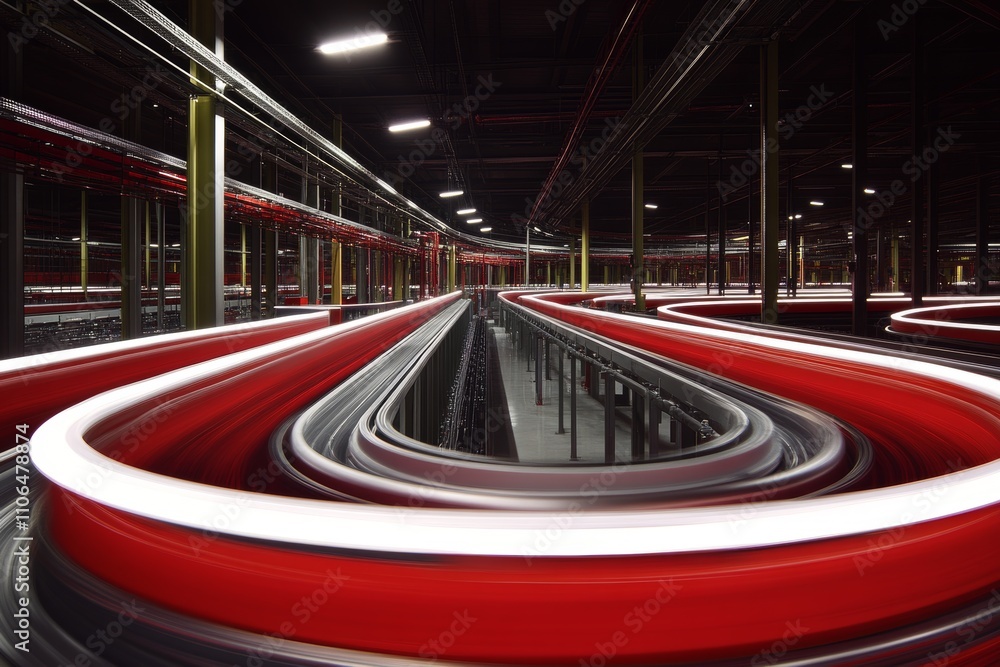 Aufkleber abstract view of dynamic conveyor system with illuminated curved tracks in industrial warehouse sett