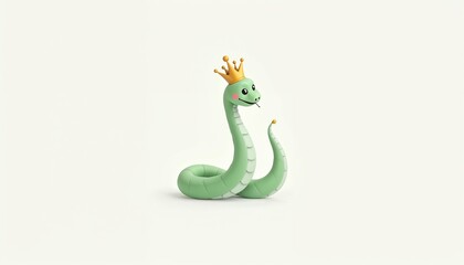 Fototapeta premium Playful green snake with a golden crown on its head, smiling on a minimalist white background, perfect for children’s illustrations, educational content, or creative branding projects.