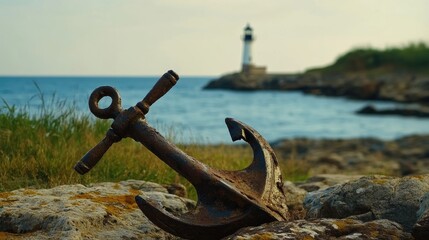 Fototapeta premium Rusty Anchor with Lighthouse and Calm Sea in Background