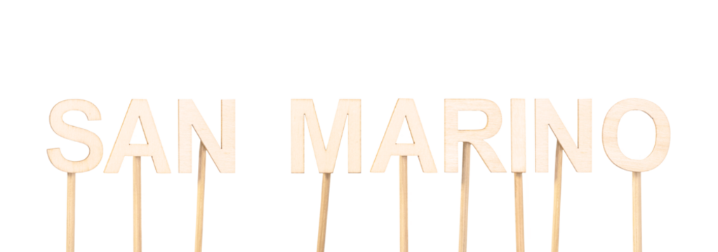 Wooden decoration showing the name San Marino in clean style. Landlocked country in European territory.