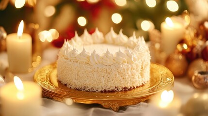 Elegant winter cake with cream and candles for festive celebration