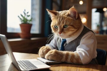 anthropomorphic ginger cat works with notebook in cozy coffee shop as freelancer