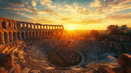 Stunning Sunrise Over Ancient Amphitheater with Dramatic Sky