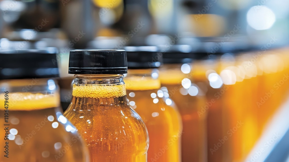 Aufkleber bottles filled with freshly made juice are lined up on the assembly line in a modern production faci