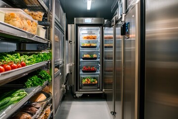 Fresh produce and organized storage in a modern restaurant kitchen. Generative AI