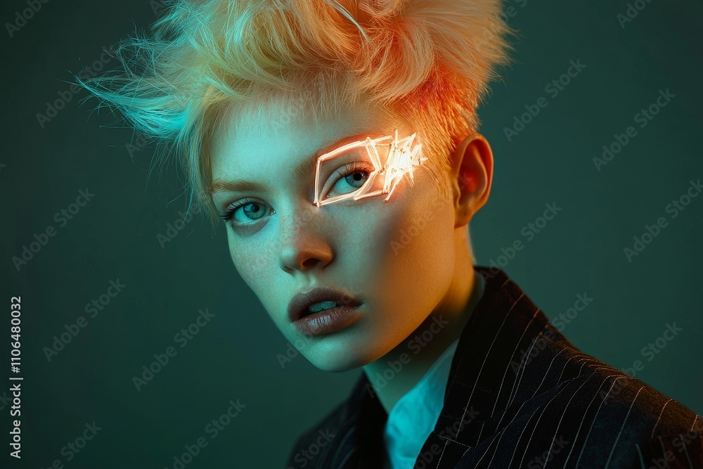 Aufkleber artistic portrait of a model with unique hairstyle and neon light effects, capturing futuristic aest